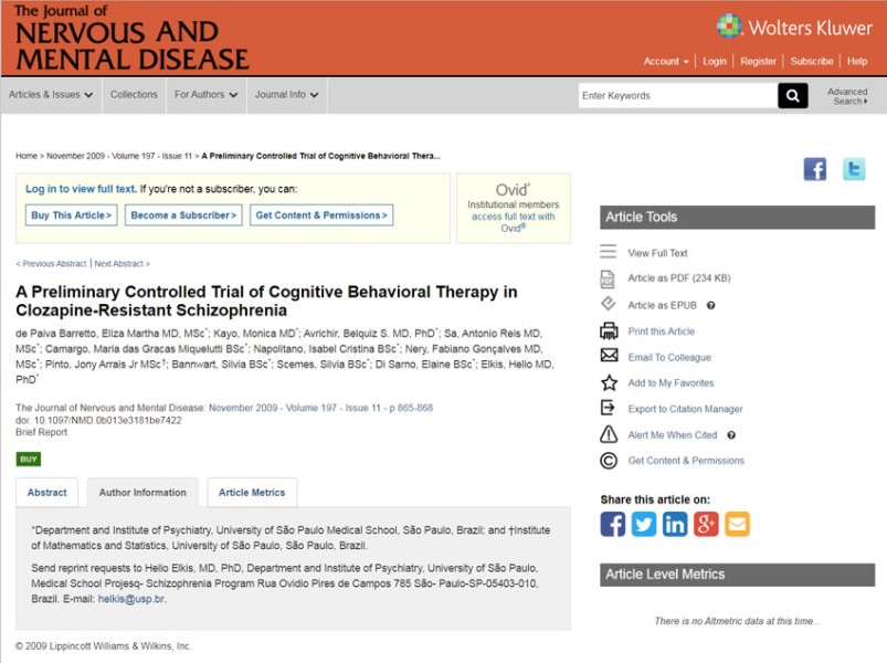 Artigo da Dra. Belquiz publicado no The Journal of Nervous and Mental Disease