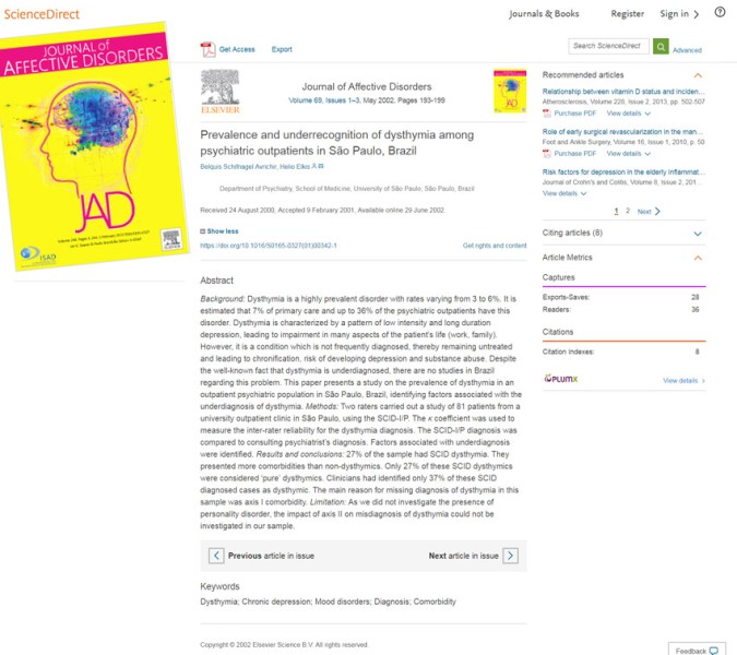 Artigo da Dra. Belquiz Avrichir no Journal of Affective Disorders